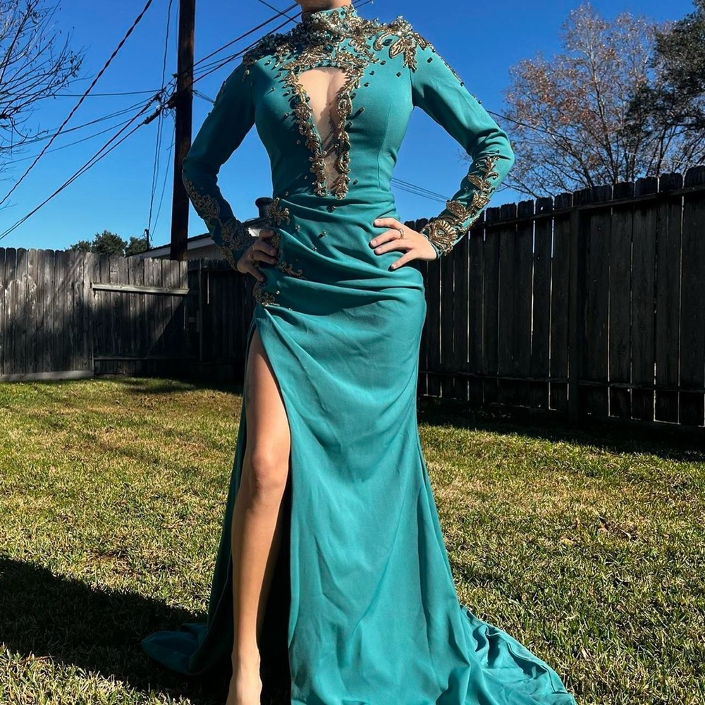 Designer Blue Long Sleeve Embellished Gown with Slit for Prom